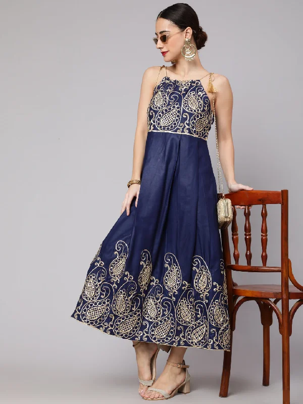 Women's Navy Blue Gota Embroidered Maxi Dress  - Aks