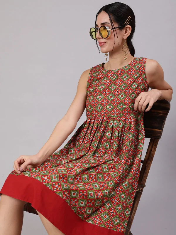 Women's Red & Green Patola Printed Pleated Midi Dress - Aks