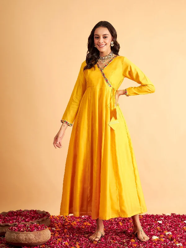 Women's Yellow Solid Wrap Neck Anarkali Maxi Dress - Lyush