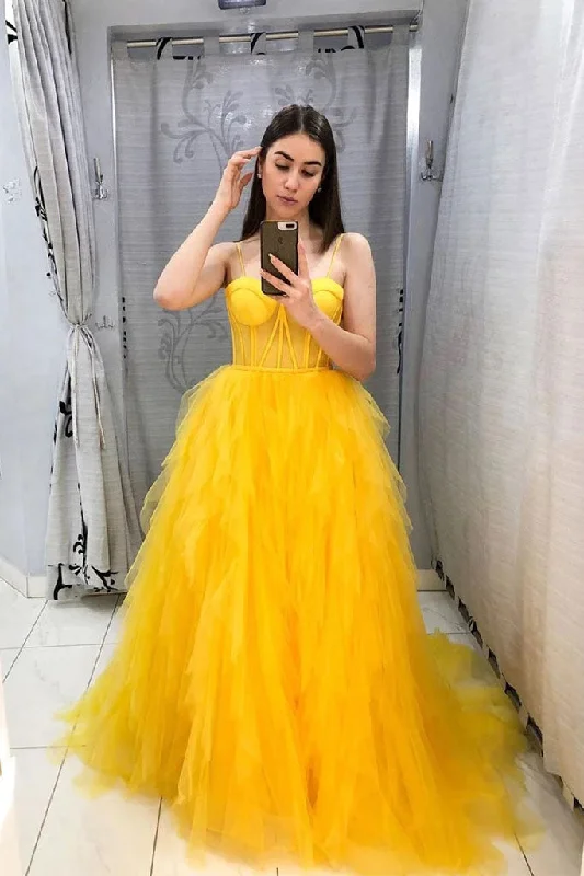 Yellow Tulle Sweetheart Long Prom Dress With Ruffles Evening Dress OKT39