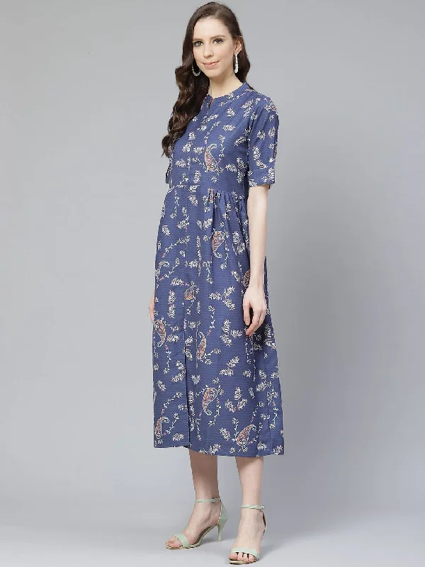 Women's Poly Rayon Navy Blue Colored Digital Printed Flared  Dress - Ziyaa